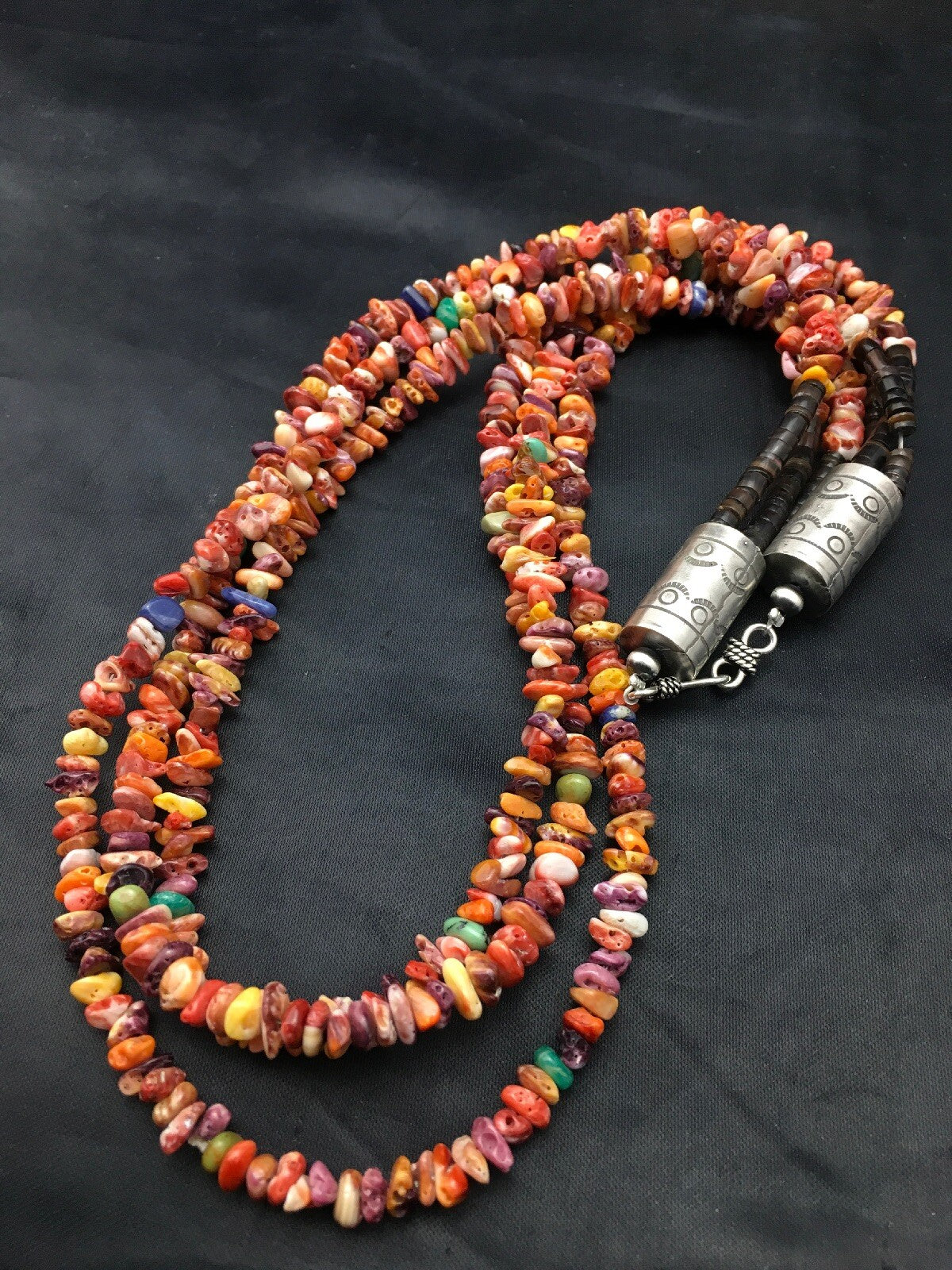 Spiny Oyster & Turquoise 3 Strand Navajo Indian Sterling Silver Necklace 4333