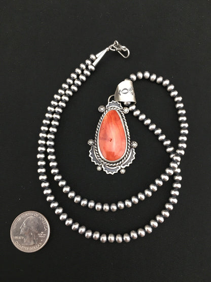 Orange Spiny Oyster Pendant Navajo Pearls Sterling Silver Necklace 1296