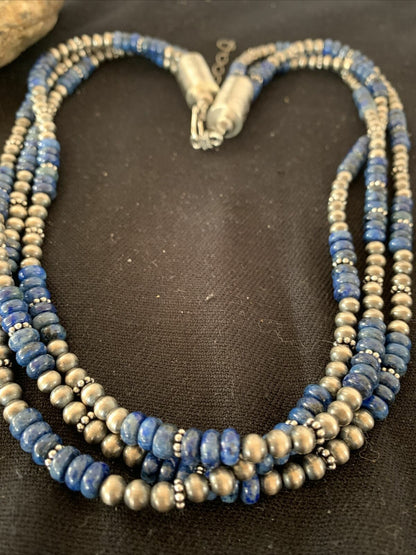 Native Navajo Pearls Denim Lapis 3 Strand Sterling Silver 21” Necklace 00929
