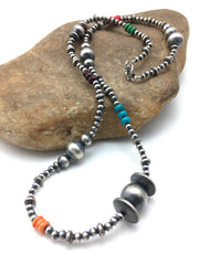 Turquoise Coral Spiny Oyster Navajo Pearls Bead Necklace 24" | Sterling Silver | Authentic Native American Handmade