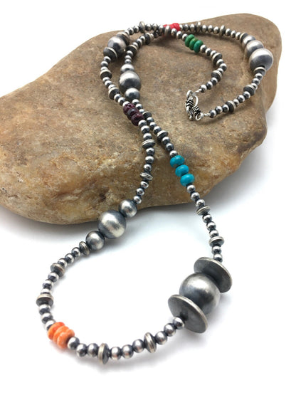 Turquoise Coral & Spiny Oyster Navajo Pearls Sterling Silver Bead Necklace 24"