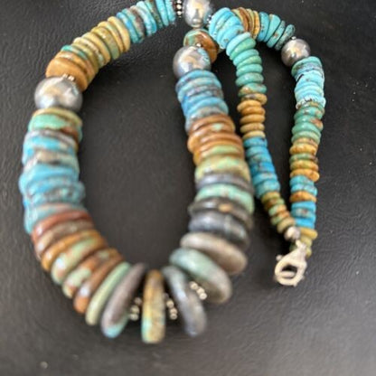 Navajo Blue Green Turquoise Bead Necklace Sterling Silver 20" 14239