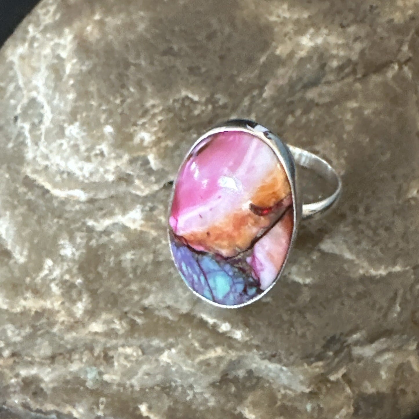 Blue Turquoise Spiny Oyster Southwestern Sterling Silver Ring Size 8 18438
