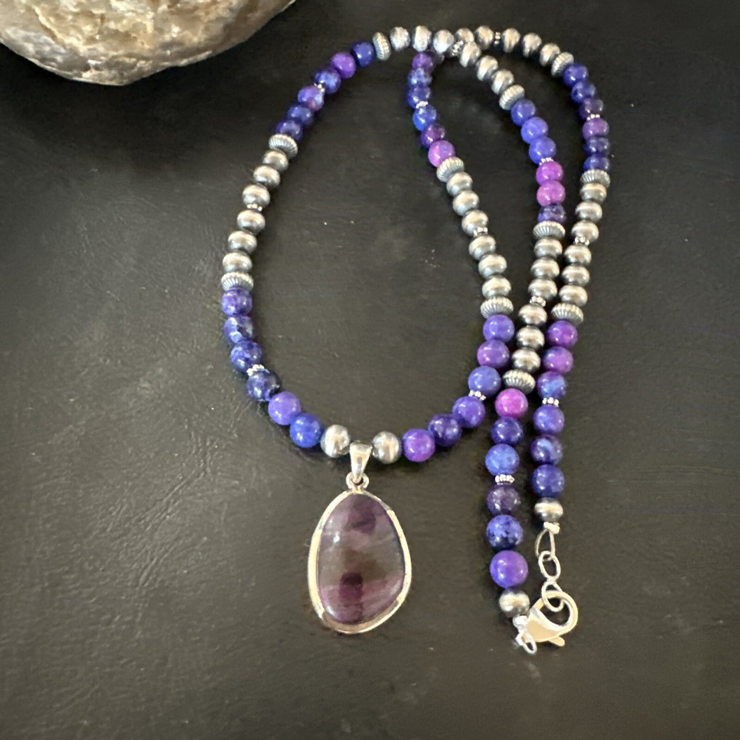 Purple Stone Pendant Navajo Pearls Sterling Silver Necklace 23" 17894
