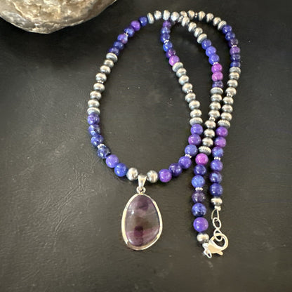 Purple Stone Pendant Navajo Pearls Sterling Silver Necklace 23" 17894