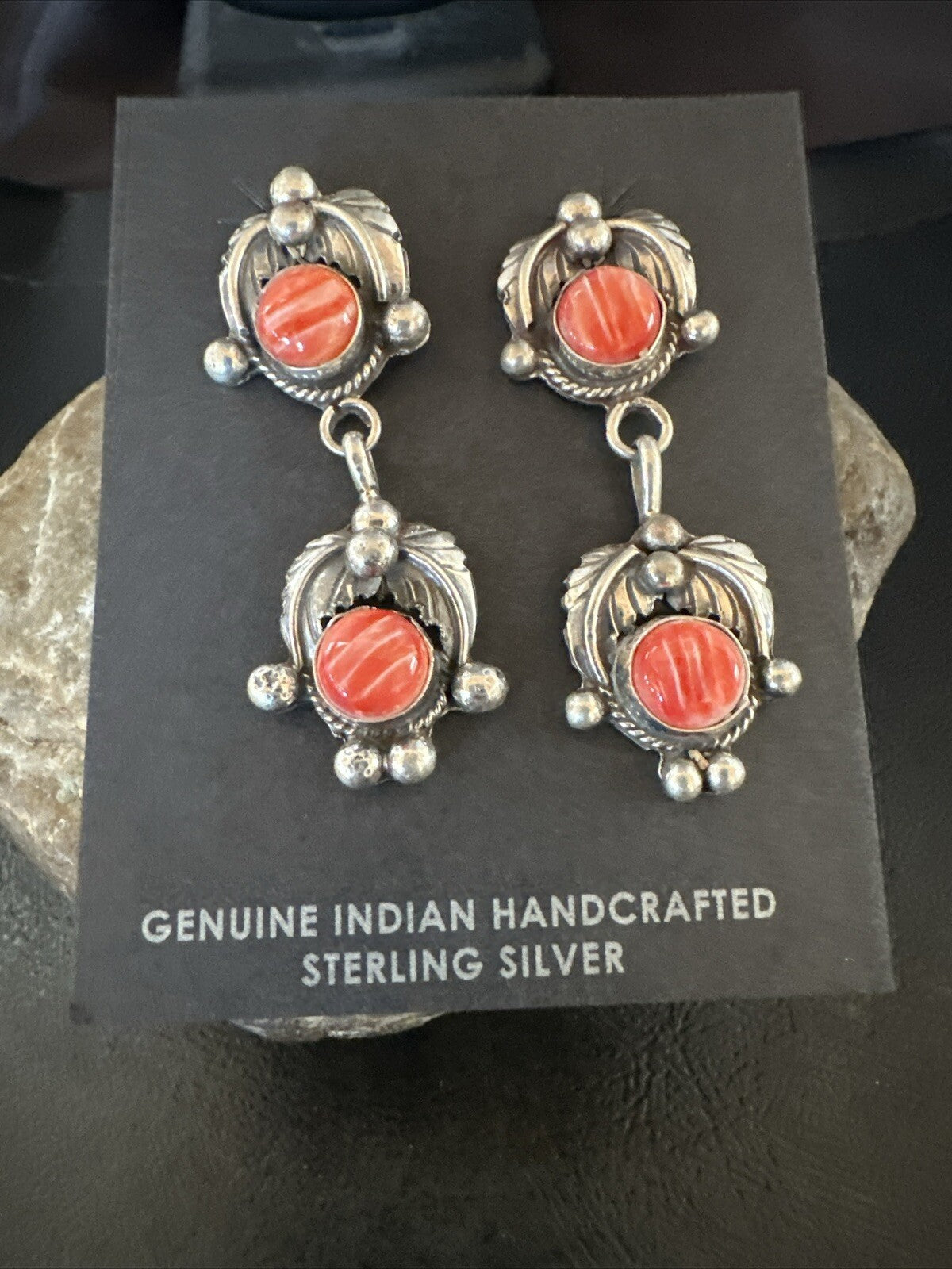 Red Spiny Oyster Pearl Navajo Sterling Silver Dangle Earrings 2062
