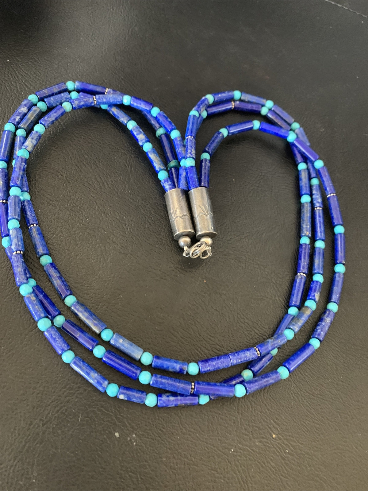 Lapis & Turquoise Tube Beads 3 Strands Navajo Sterling Silver Necklace 12701