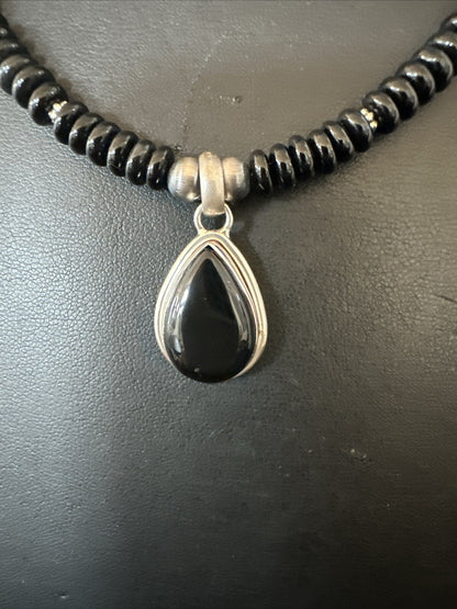 Mens Womens Black Onyx Pendant Navajo Sterling Silver Beads Necklace 18333