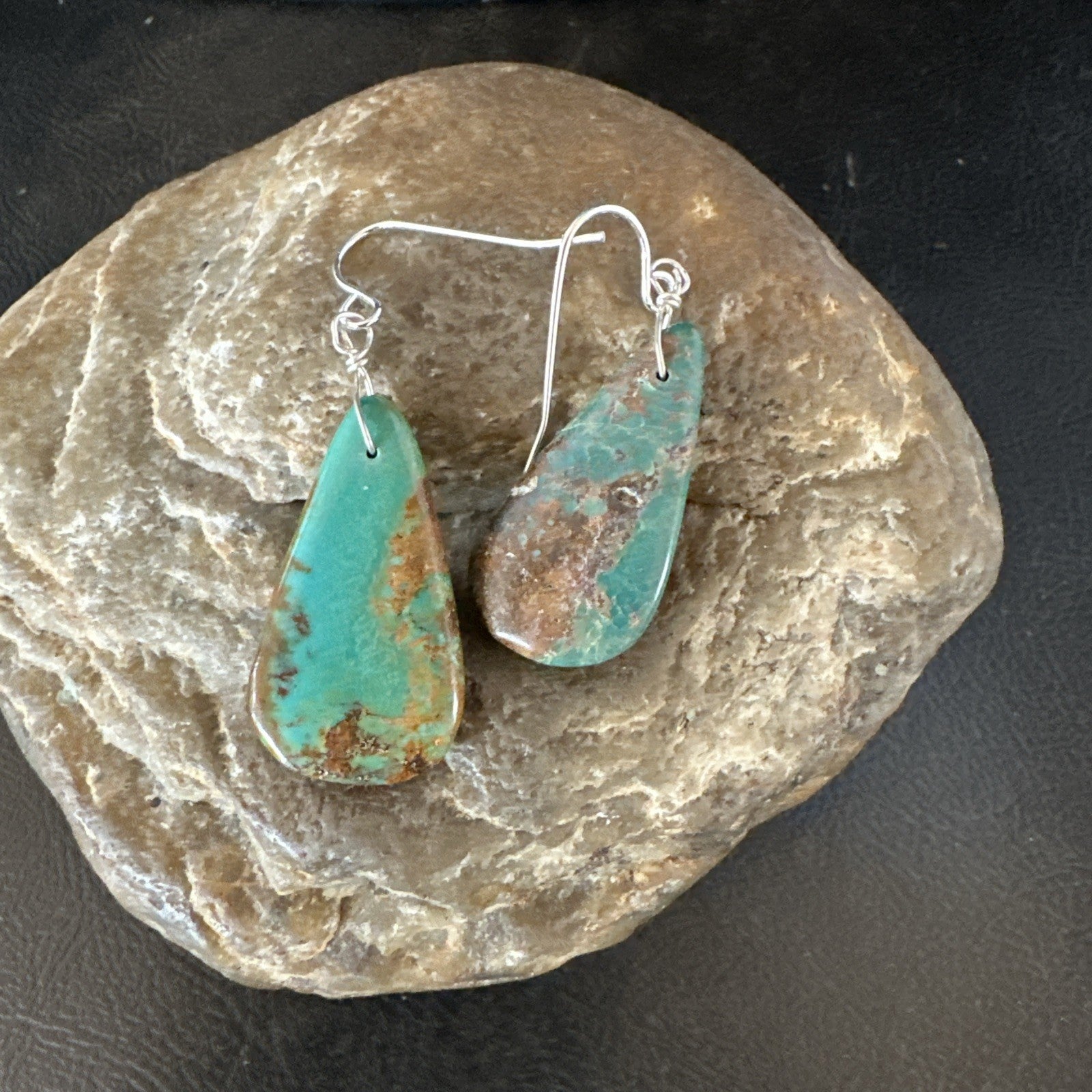 Green Turquoise Teardrop Sterling Silver Beads Navajo Earrings 1" 19041