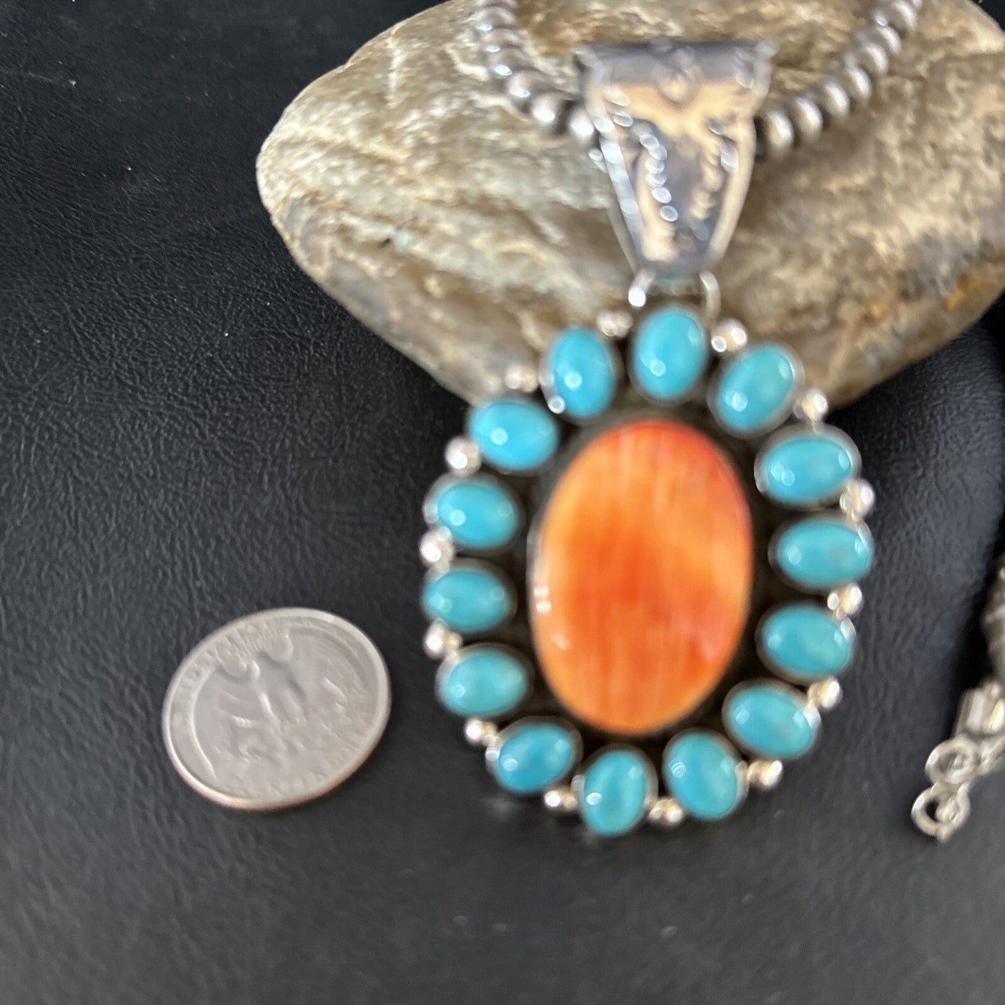 Blue Cluster Kingman Turquoise Sterling Orange Spiny Oyster Pendant 14278