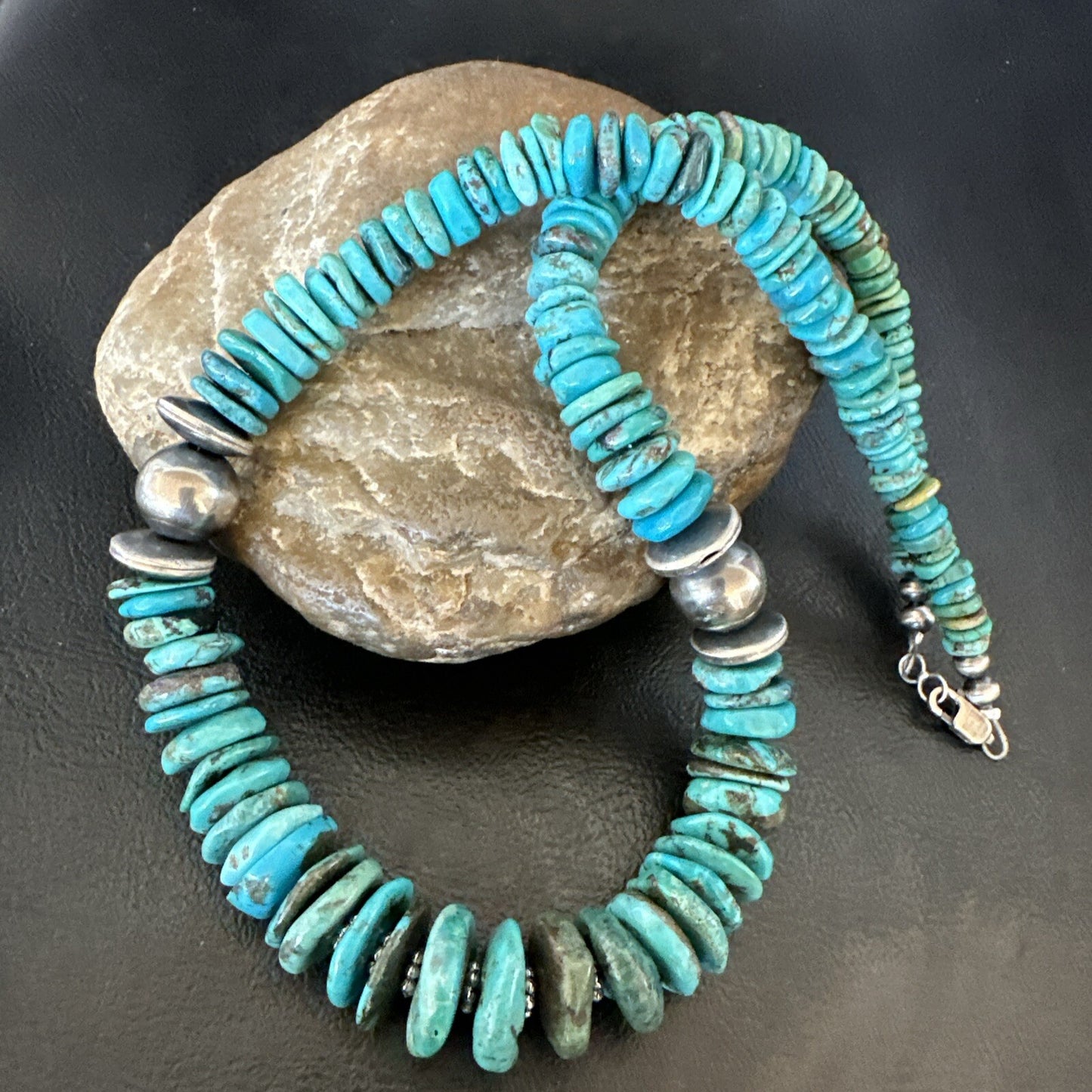 Graduated Blue Turquoise Navajo Pearls Sterling Silver Necklace 18” 18319