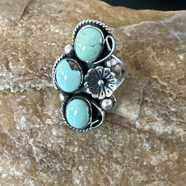 Yazzie Ring Green Turquoise Navajo Cluster Size 8.5 | Sterling Silver | Authentic Native American Handmade | 19214