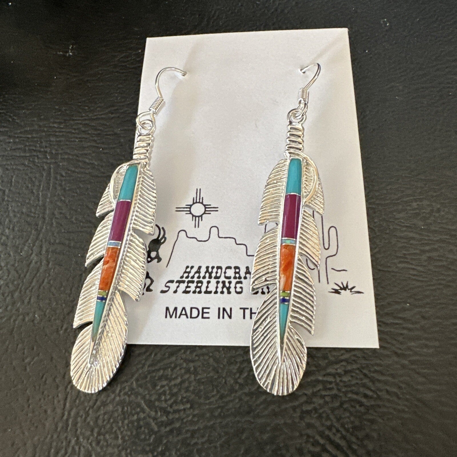 Multicolor Turquoise Sterling Silver Handmade Inlay Feather Earrings 18698