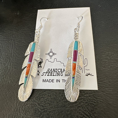 Multicolor Turquoise Sterling Silver Handmade Inlay Feather Earrings 18698