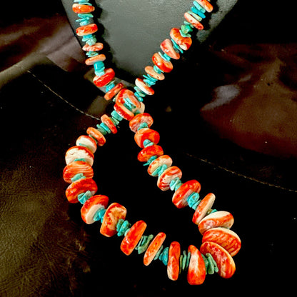 XL Red Spiny Oyster Blue Turquoise Navajo Sterling Silver Necklace 35" 18266