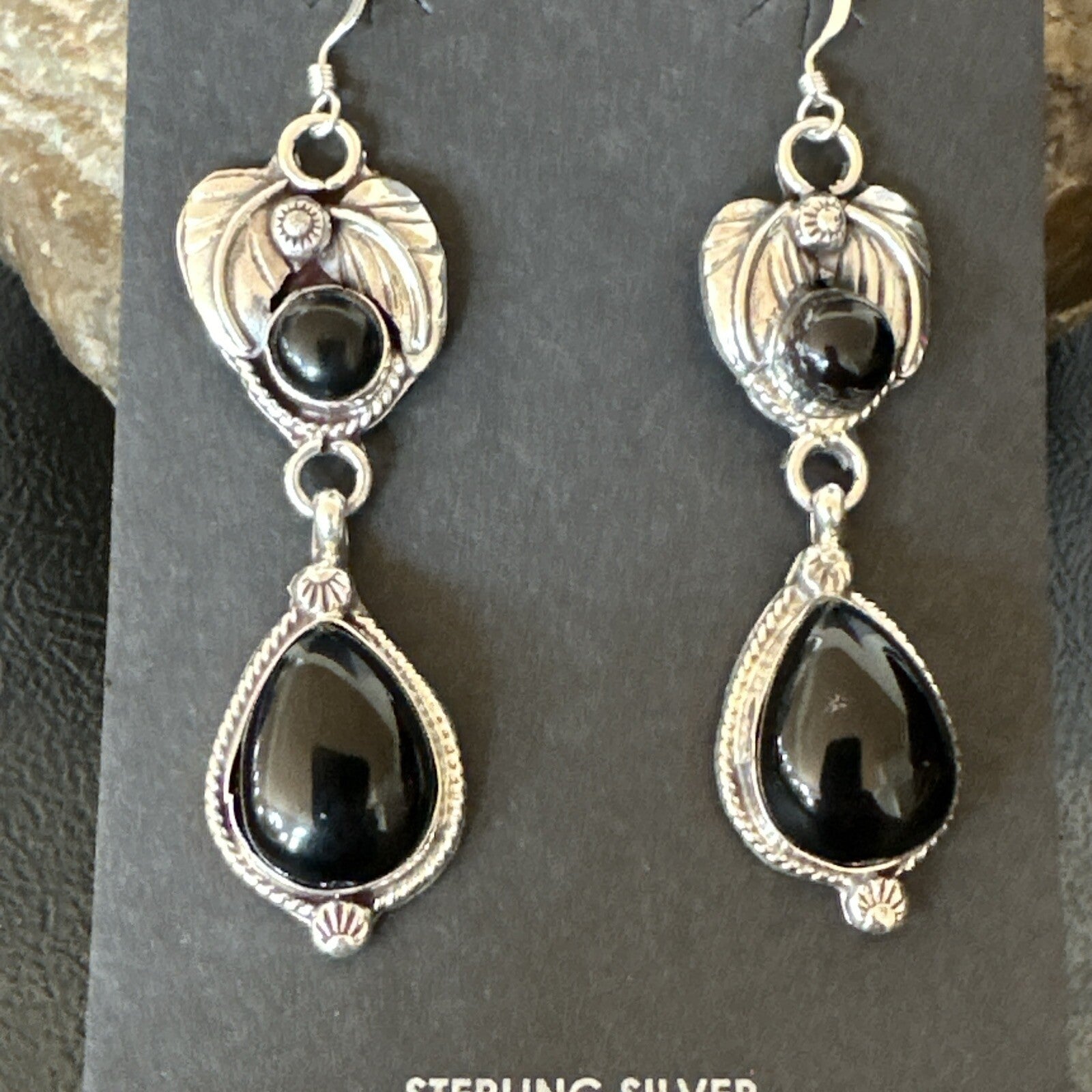 Black Onyx Navajo Sterling Silver Dangle Earrings 1.5" 18292