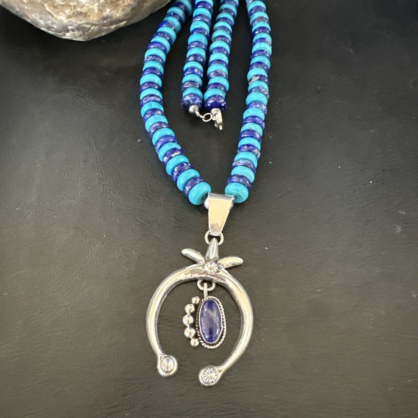 Mens Blue Lapis Turquoise Naja Pendant Navajo Sterling Silver Necklace 21" 17689