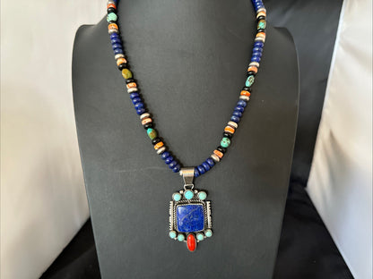 Multicolor Lapis Turquoise Pendant Navajo Sterling Silver Necklace 22” 19468