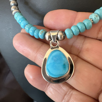 Mens Blue Kingman Turquoise Pendant Navajo Sterling Silver Necklace 21" 18111