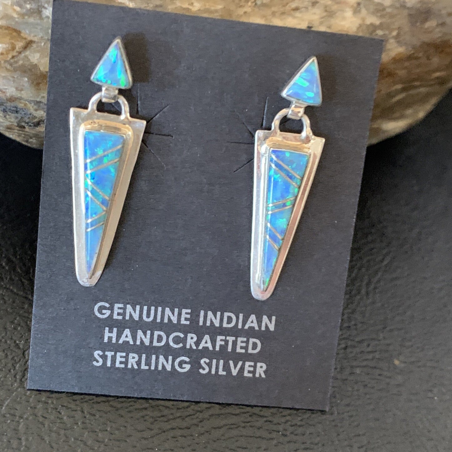 Native Womens Blue Opal Inlay Navajo Sterling Silver Dangle Earrings 12777