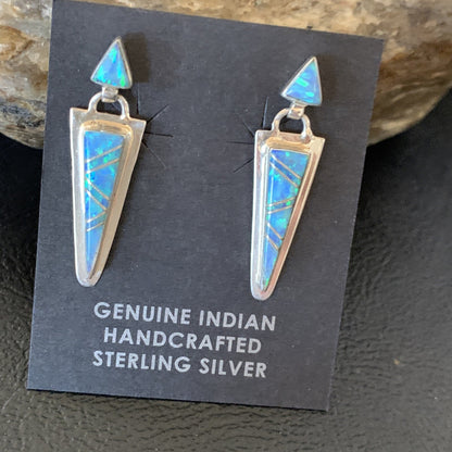 Native Womens Blue Opal Inlay Navajo Sterling Silver Dangle Earrings 12777