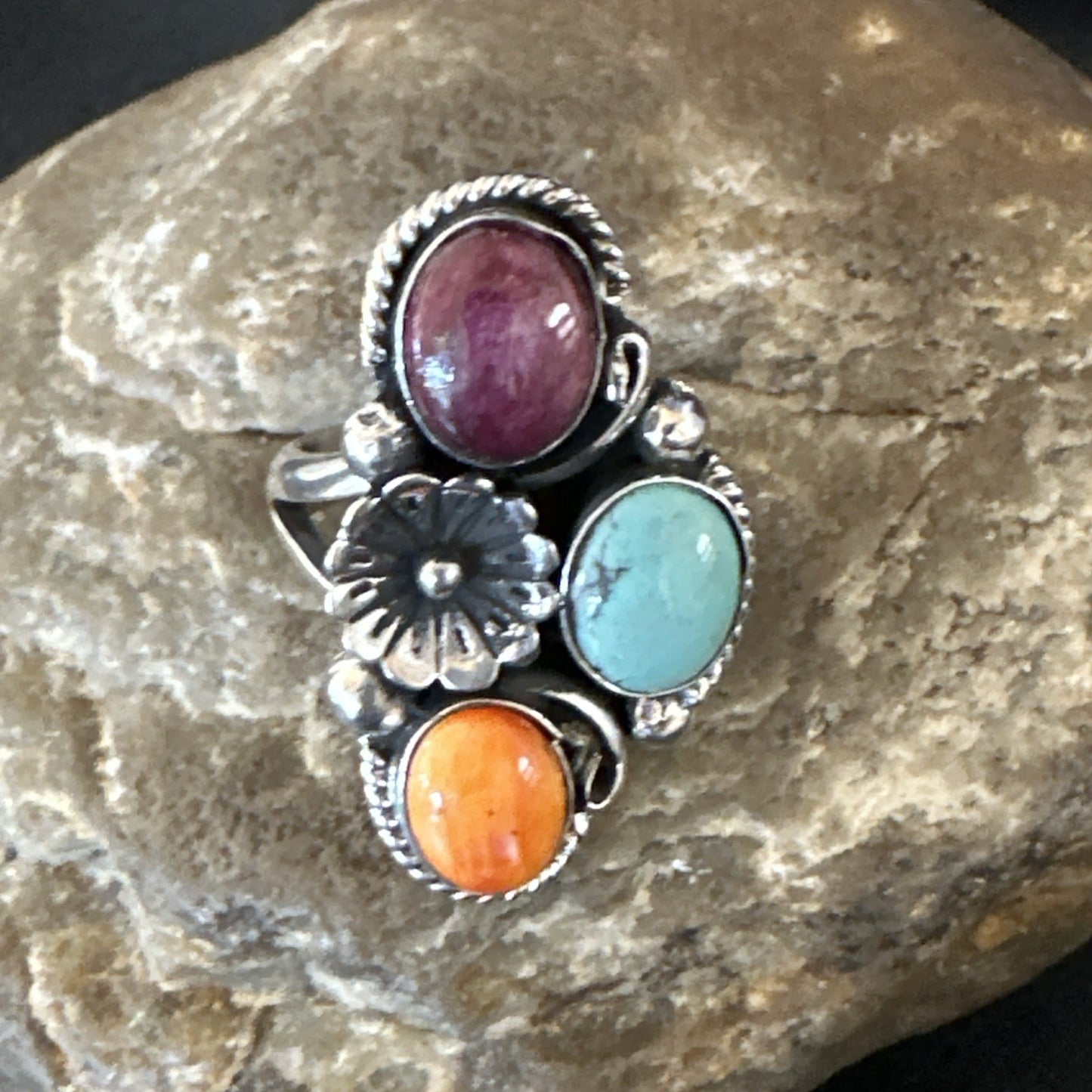 Multicolor Ring Turquoise Spiny Navajo Sterling Silver Cluster Size 8.5 19167