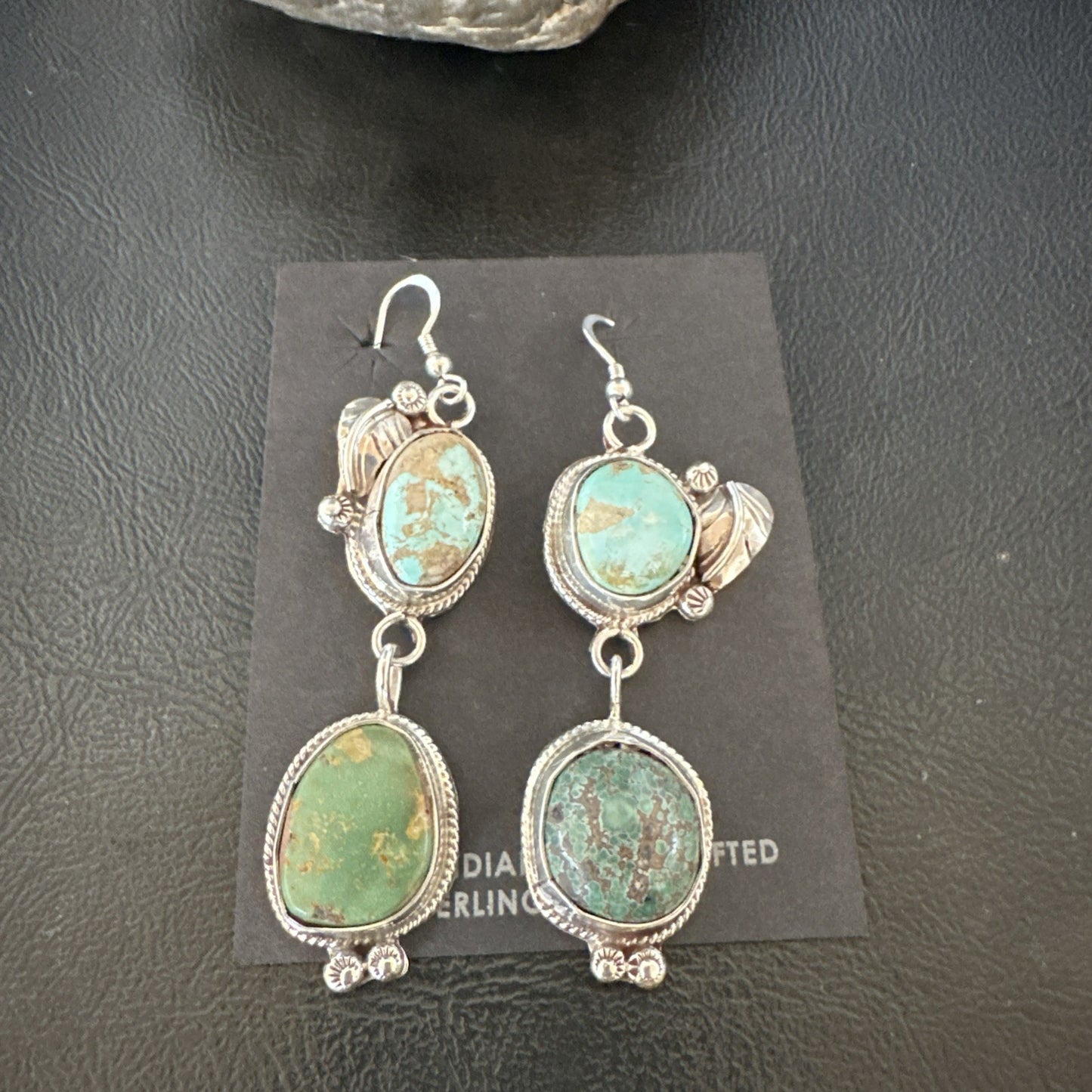 Green Royston Turquoise Navajo Sterling Silver Dangle Earrings 19602