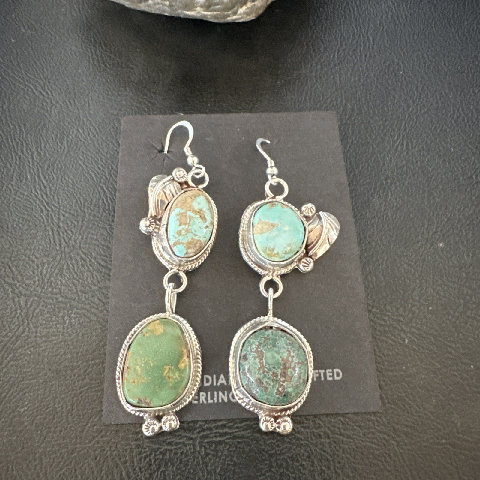 Green Royston Turquoise Navajo Sterling Silver Dangle Earrings 19602