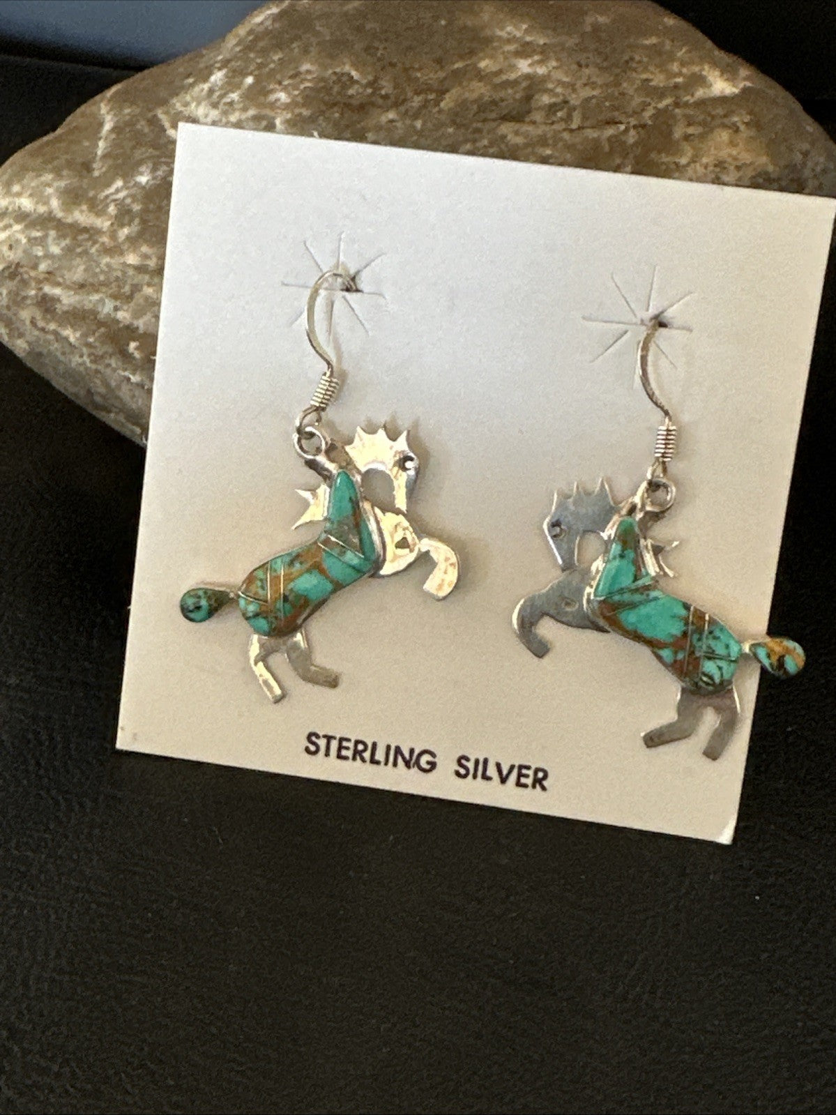 Turquoise Horse Inlay Navajo Sterling Silver Earrings 19826