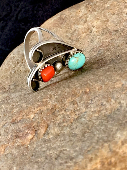 Mens Turquoise & Coral Navajo Sterling Silver Ring Size 6.5 08714