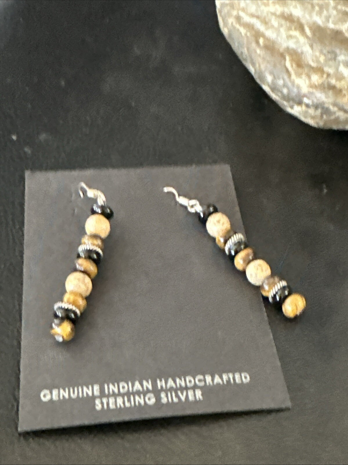 Navajo Sterling Silver Tigers Eye Picture Jasper Onyx Dangle Earrings 18721