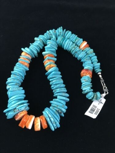 Navajo Sterling Silver Blue Turquoise Spiny Oyster 23" Necklace 16902