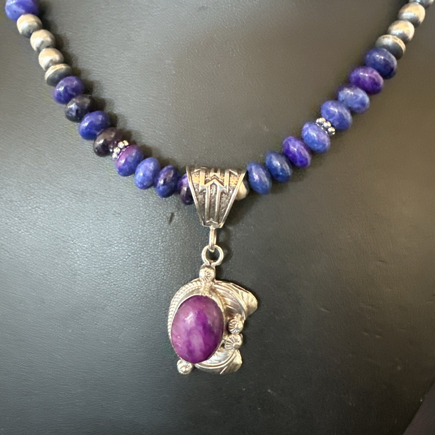 Purple Stone Pendant Navajo Pearls Sterling Silver Necklace 21” 18032