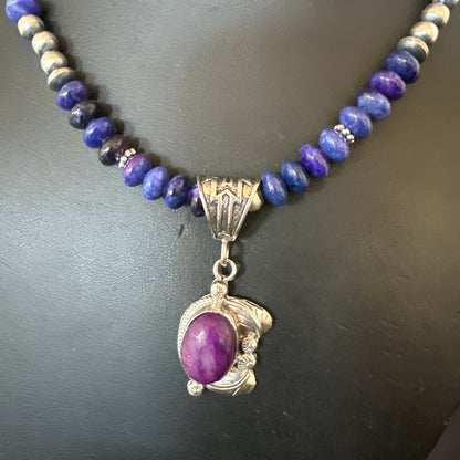 Purple Stone Pendant Navajo Pearls Sterling Silver Necklace 21” 18032
