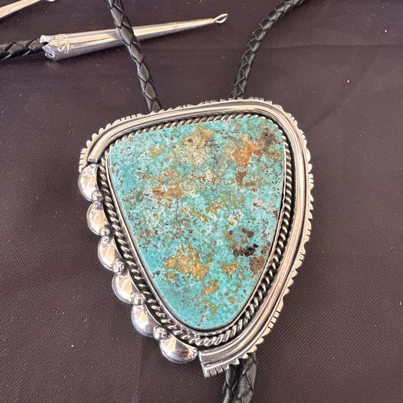 Native Mens Blue Green Royston Turquoise Bolo Tie Sterling Silver Navajo 19593