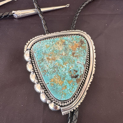 Native Mens Blue Green Royston Turquoise Bolo Tie Sterling Silver Navajo 19593