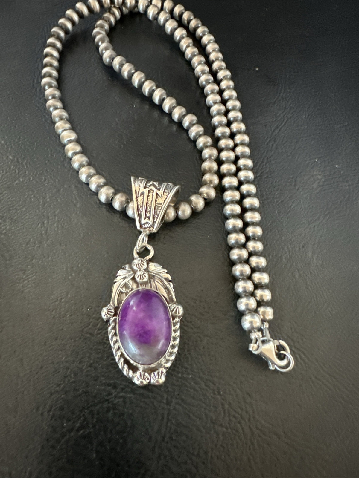 Purple Stone Pendant Sterling Silver Beads Necklace 20” 18048