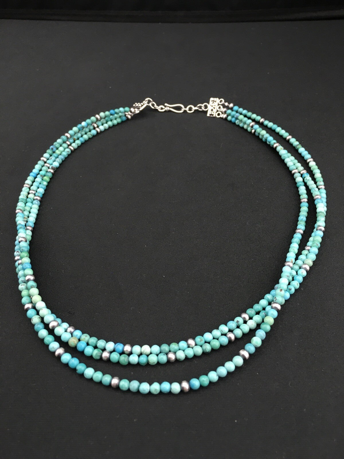 Turquoise 3 Strands Southwestern Sterling Silver Necklace 21" 01097