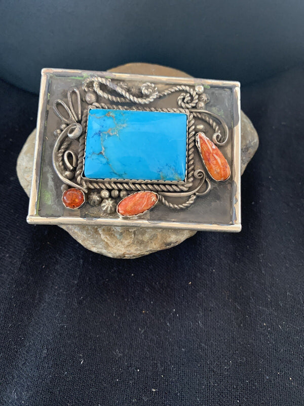 Blue Turquoise Spiny Oyster Navajo Concho Belt Buckle | Sterling Silver | Authentic Native American Handmade | 00717
