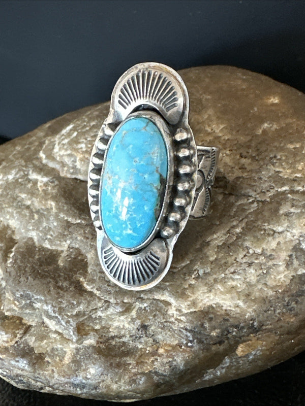 Women's Blue Kingman Turquoise Navajo Adjustable Ring Sz 8 | Sterling Silver | Authentic Native American Handmade | 19421