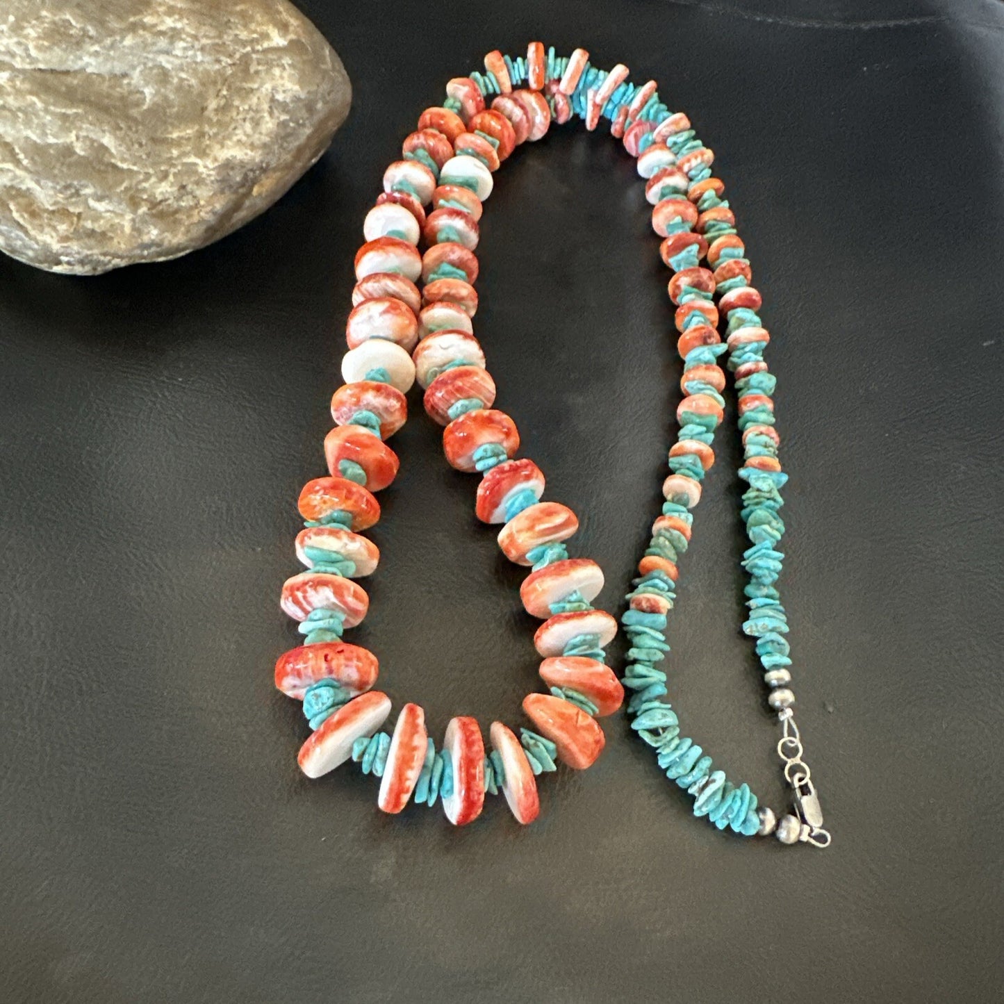 XL Red Spiny Oyster Blue Turquoise Navajo Sterling Silver Necklace 35" 18266