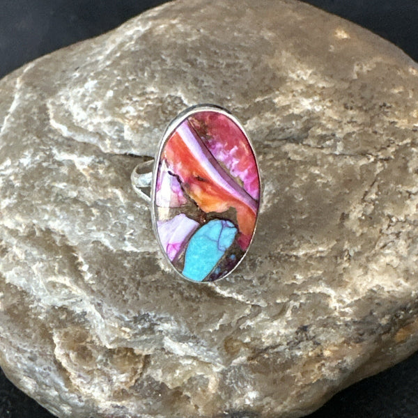 Blue Turquoise Spiny Oyster Southwestern Ring Size 7 | Sterling Silver | Authentic Native American Handmade | 18497
