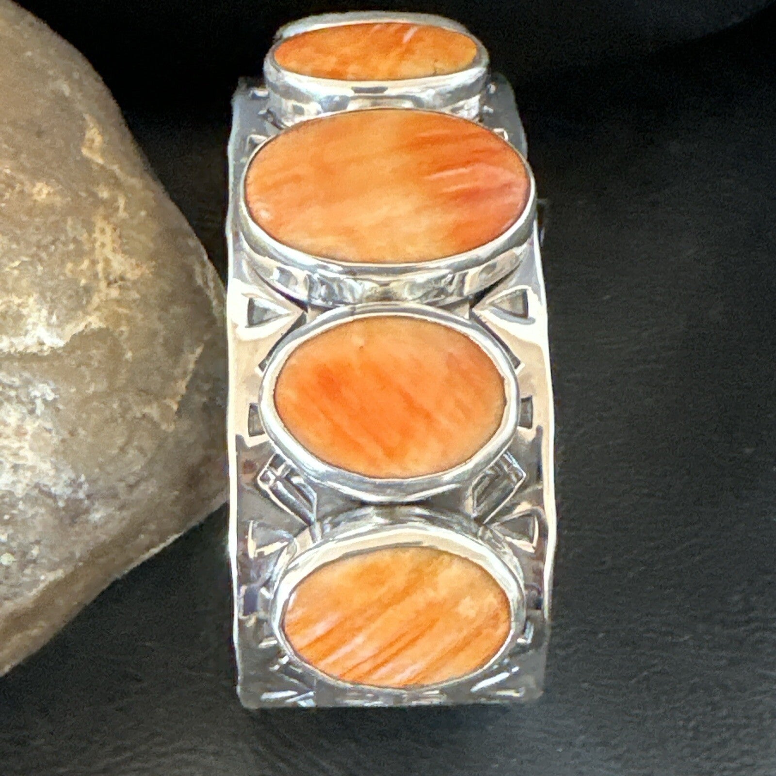 Stamped Orange Spiny Oyster Navajo Sterling Silver 5 Stone Cuff Bracelet 17941