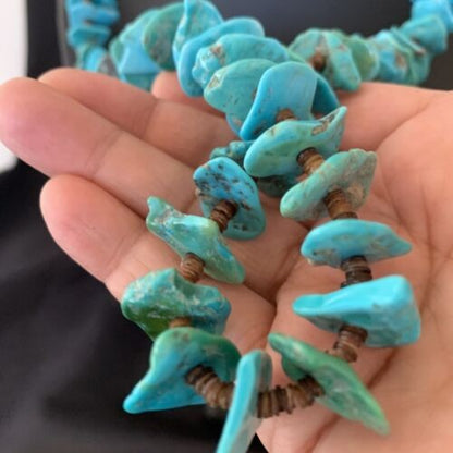 Navajo Sterling Silver Kingman Turquoise Shell Necklace 26" 11817