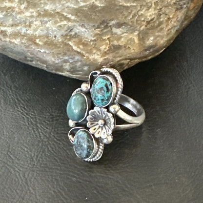 Yazzie Ring Blue Turquoise Navajo Sterling Silver Cluster Size 8.5 19238