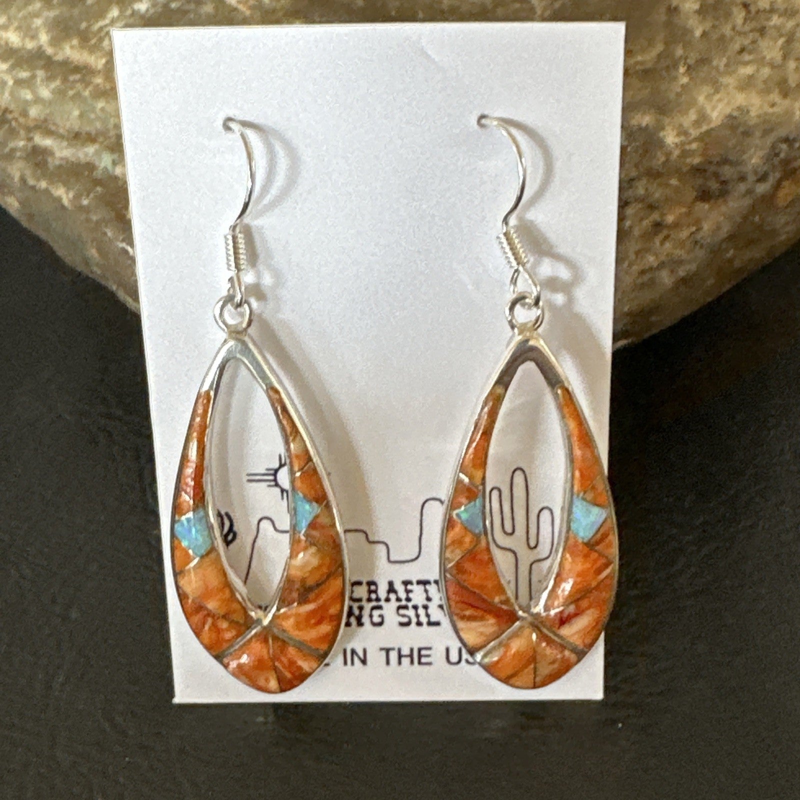 Women Opal Spiny Oyster Inlay Southwestern Sterling Silver Dangle Earrings 19136
