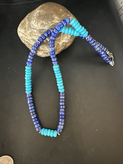 Mens Navajo Beads Lapis Sterling Silver Necklace Turquoise 23” 14941