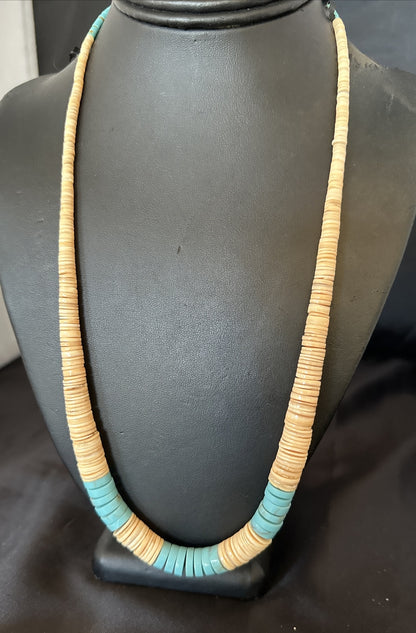 Native Santo Domingo Beige Shell Blue Turquoise 24” Necklace 17764