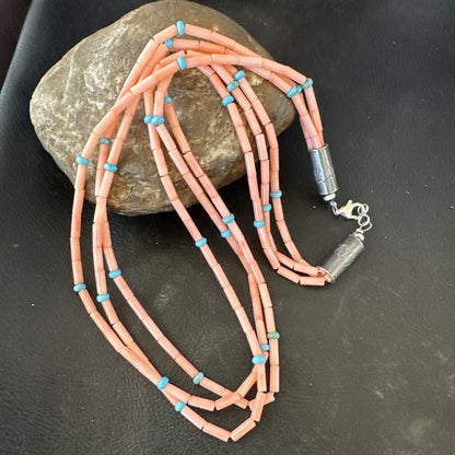 Native American Turquoise Pink Coral Sterling Silver 3 Strand Necklace 21" 17816