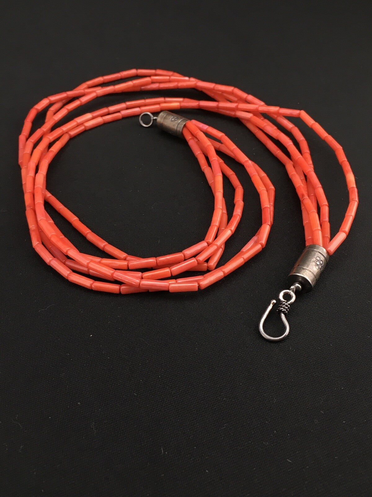 Orange Coral Tube Heishi Bead 5 Strand Navajo Sterling Silver Necklace 19" 1108